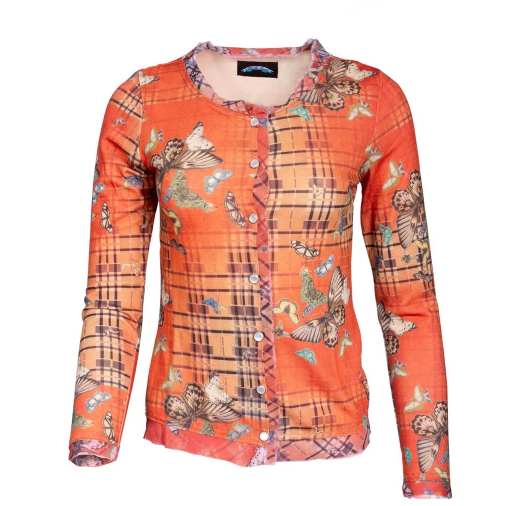 Raw 7 Till The End Women's Orange Long Sleeve Button Down Top - Butterfly Design